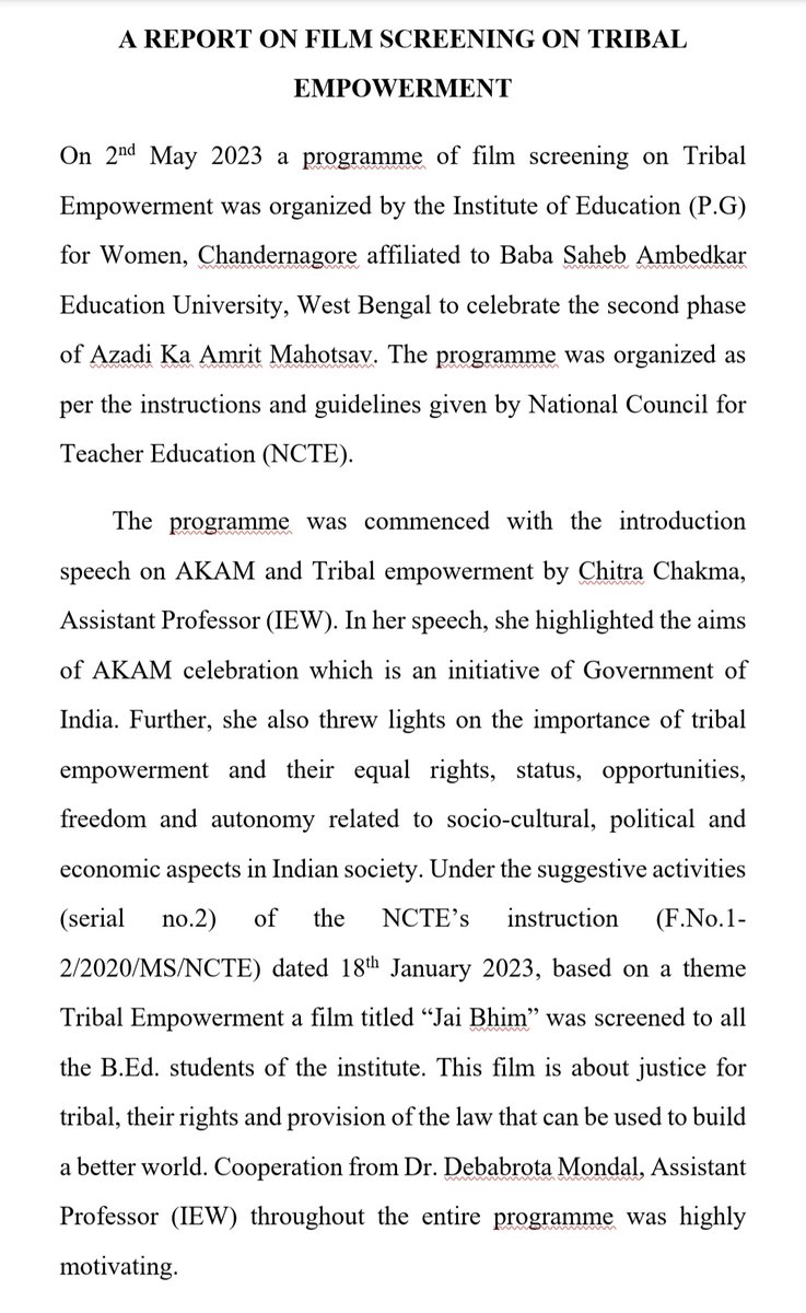 InstituteW90352's tweet photo. AKAM: January - August 2023 / for Teacher Education Institutions (TEIs).
Theme: Tribal Empowerment ( Activity: Film screening on 'Tribal Empowerment'- Film name (Jai Bhim), organized by INSTITUTE OF EDUCATION (POST GRADUATE) FOR WOMEN, CHANDERNAGORE @ncteDelhi @AmritMahotsav https://t.co/i68GYYcGKc