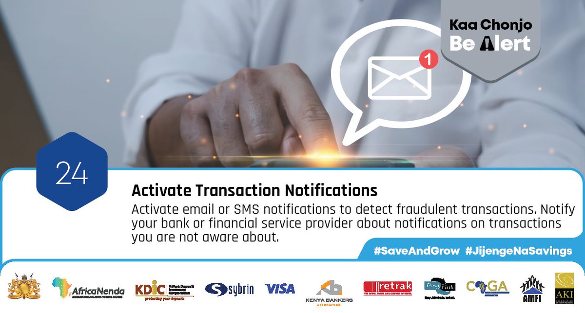 Consumers_Kenya's tweet photo. Safety steps to Secure Your Banking

▪️Avoid saving your PIN on your phone or wallet
▪️Don't give your phone, PIN or passwords to anyone
▪️Do not log-on your bank accounts using public WI-FI 
▪️Beware of emails & phone scams
▪️Do not use common passwords
#SaveAndGrow #JijengeNaSavings  #KaaChonjo #BeAlert @KenyaBankers