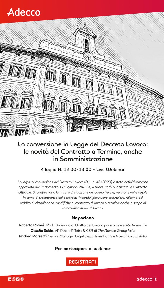 aamalacrida's tweet photo. Il #DecretoLavoro è realtà con l'approvazione alla #CameraDeiDeputati. Per fare il punto su cosa accadrà @AdeccoItalia domani organizza il #webinar “La conversione in Legge del Decreto Lavoro: le novità del #ContrattoATermine, anche in #Somministrazione”. https://t.co/lRRZtlHhuf https://t.co/uX8ttTsVjs