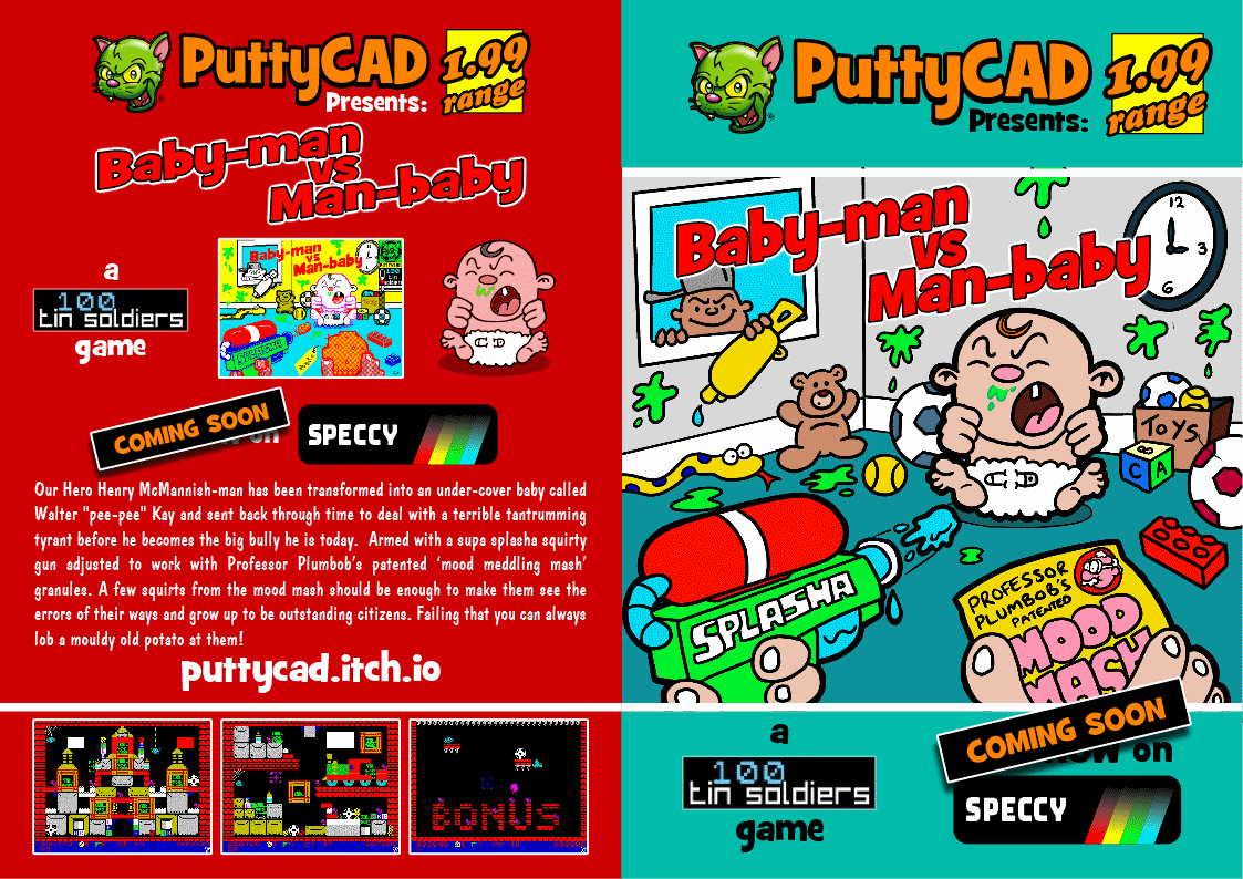 PuttyCAD's tweet photo. A bundle by PuttyCAD, $4.95 for 5 #ZXSpectrum brand new retro games https://t.co/fHgEJ9zNXt #indiegames via @itchio almost 85% funded already! THANK YOU! #8bit #pixelart #clonezoo #gherbertgroundhog #lockdowntown #babyman #retro #games #sale https://t.co/NoyZlfHg5K