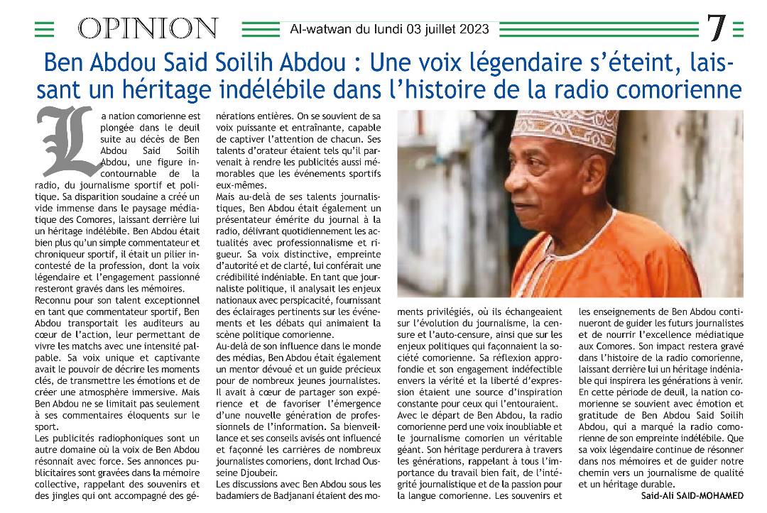 SSedaly's tweet photo. Mes pensées vont à la famille de Ben Abdou Said Soilih en cette période difficile. In'na lillah wa in'na ilayhi rajiwun.Son impact et son héritage resteront à jamais gravés dans nos mémoires. Que vous retrouviez du réconfort et de la force dans les souvenirs partagés. https://t.co/KZJ8Jq1la7