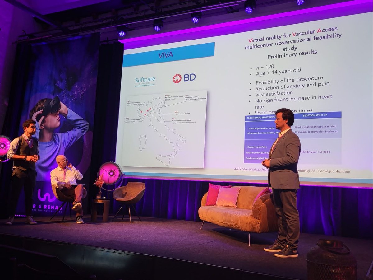 SoftcareStudios's tweet photo. 🚀 We're back from @VR4RehabProject! We had the opportunity to share the research work we're conducting at @SoftcareStudios and the new insights emerging from our clinical studies focused on #virtualsedation, the use of #VR to reduce #painperception during medical procedures. https://t.co/q6MoS0hZtC