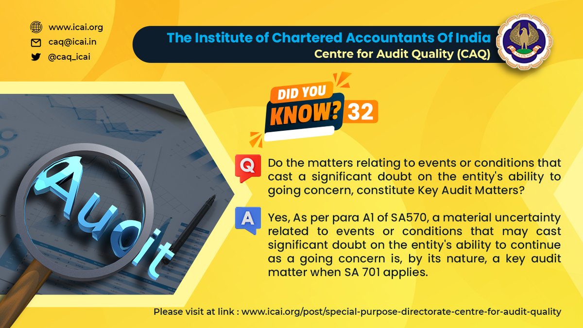 caq_icai's tweet photo. SA- 570 – Material uncertainty related to events or conditions
@cavishaldoshi @CASripriyaK
#theauditor #aqmm #auditqualitymaturitymodel #auditfirms #auditing #cafirms #qualityaudit #ca #auditinaction #aqmm #auditexpert #caq https://t.co/ogsozuXhVU