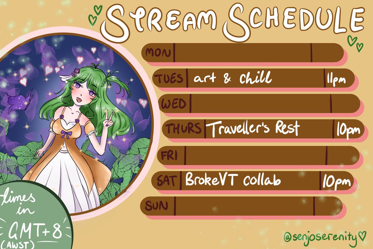 SenjoSerenity's tweet photo. this week’s #streamschedule !!!

hope you guys enjoy <33 https://t.co/ntuMhDdQ0G