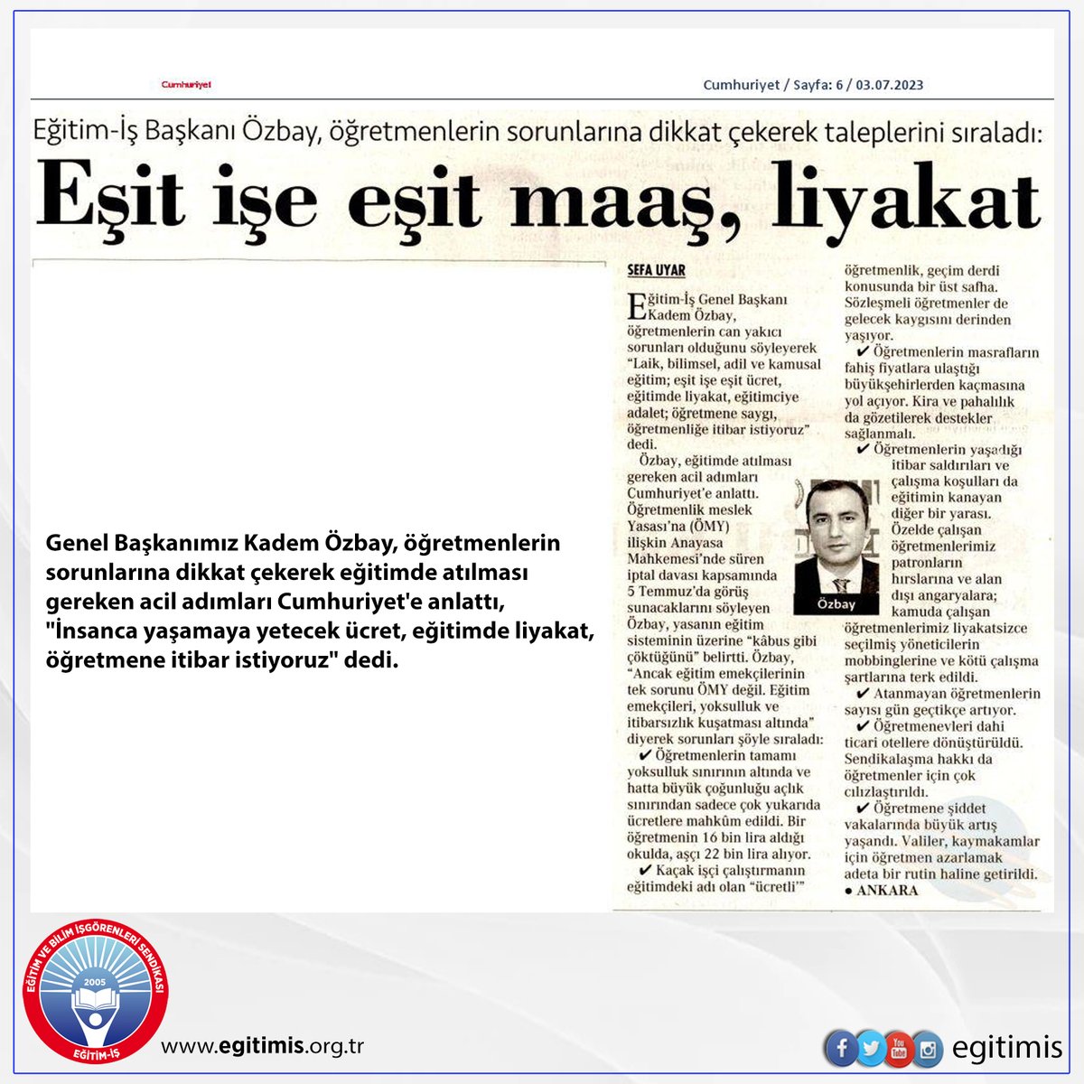 Genel Başkanımız Kadem Özbay, öğretmenlerin sorunlarına dikkat çekerek eğitimde atılması gereken acil adımları Cumhuriyet'e anlattı, "İnsanca yaşamaya yetecek ücret, eğitimde liyakat, öğretmene itibar istiyoruz" dedi.
<a href="/kademozbay_/">Kadem Özbay</a> <a href="/cumhuriyetgzt/">Cumhuriyet</a> <a href="/tcmeb/">Millî Eğitim Bakanlığı</a> #ogretmen #maas #liyakat