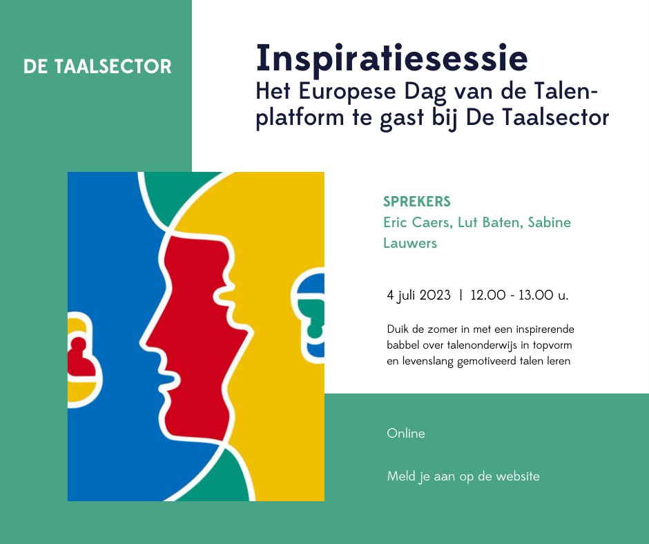 Kom inspiratie uitwisselen rond #talenonderwijs, levenslang gemotiveerd #talen leren, #taaldiversiteit en #meertaligheid
 
Meld je aan: taalsector.be/cms/4705

#taal #taalleren #taalonderwijs #EuropeseDagVanDeTalen #europeandayoflanguages2023 #multilingualism