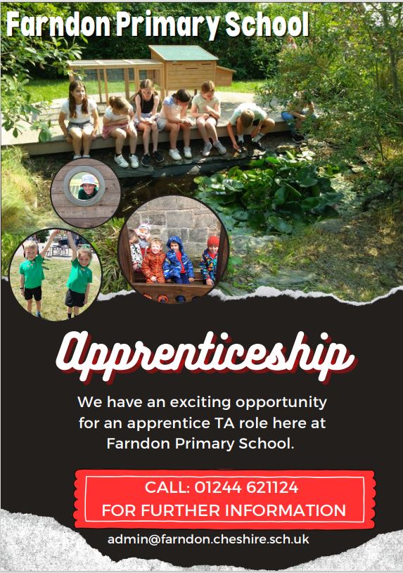 farndon_primary's tweet photo. An exciting opportunity at Farndon for an Apprentice Teaching Assistent role. Call or email school for more information. https://t.co/nd5eg4AcwH