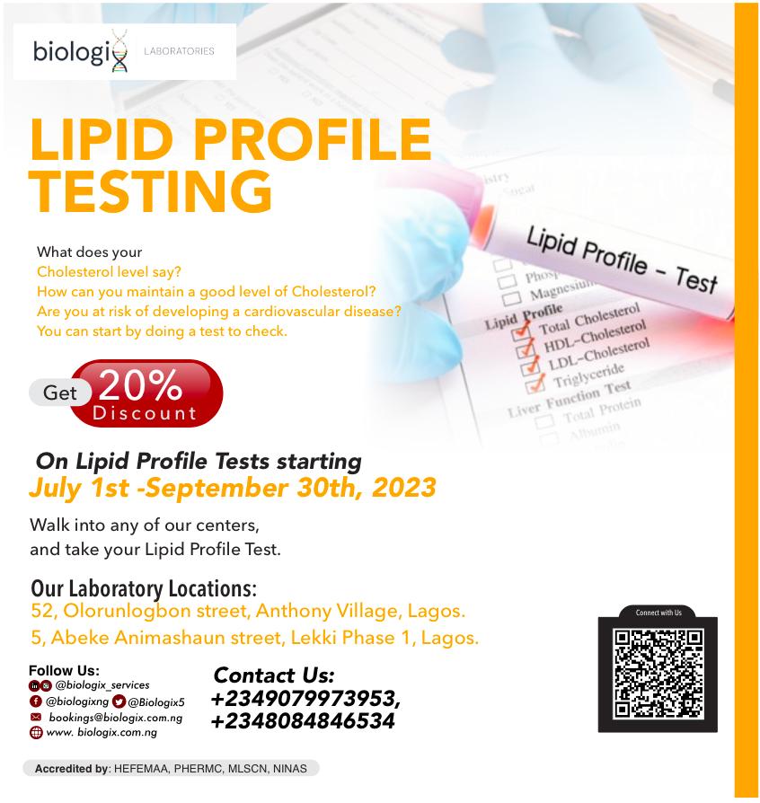 BiologixS's tweet photo. Biologix Laboratories is offering a 20% discount on Lipid profile test. 

Book a test now or walk into any of our centres (Anthony and Lekki Phase 1). 

Health is wealth! 
A healthy outside starts from the inside - Robert Urich.
#diagnostics #health #heart #cholesterol #biologix https://t.co/6KDyqLQ2oN