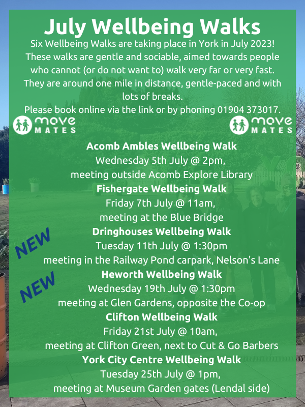 Our #York July #Wellbeing #Walk schedule is here ☀💚🎉
Short gentle walks with rest breaks.
Free, all welcome 💚

<a href="/healthwatchyork/">Healthwatch York</a> <a href="/CityofYork/">City of York Council</a> <a href="/LiveWellYork/">Live Well York</a> <a href="/YESIUoY/">YESI</a> <a href="/SanctuaryYork/">YORK City of Sanctuary 🧡</a> <a href="/YorkDisability/">York Disability Week</a> @iTravelYork <a href="/W2WYork/">Ways to Wellbeing</a> <a href="/YorkEndsStigma/">York Ending Stigma</a> @YorkEnvWeek