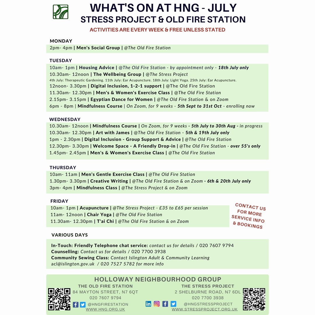 HNGFireStation's tweet photo. What's on in July at HNG - What would you want to do? Mindfulness, Egyptian Dance or  Men's Gentle Exercise and lots more!

Contact us for more info.

#Wellbeing #mentalhealth #yoga #holloway #islington #Mindfulness https://t.co/5pEejybhTA