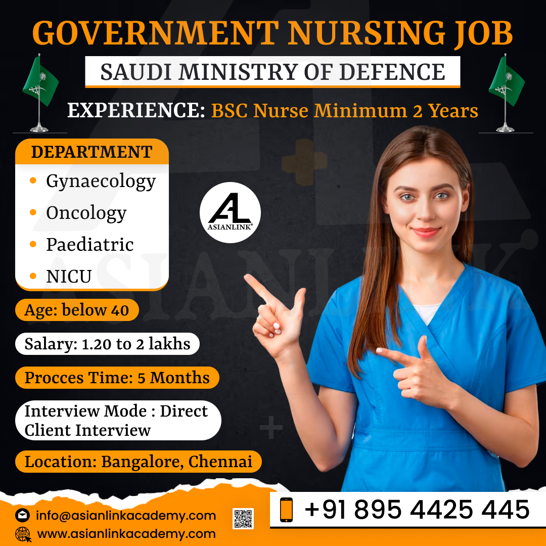 Nursing Job Opportunity in the Saudi Ministry of Defence

#GovernmentNursingJob #SaudiMinistryofDefence #MilitaryHealthcare #NursingOpportunity #ServeYourCountry #HealthcareCareers #JobOpening #MedicalProfessionals #NursingJobs #SaudiArabia #asianlinkacademy