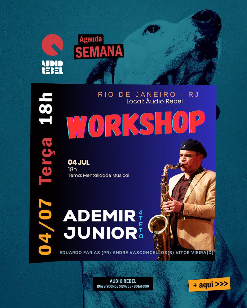 📌 04/07 #Terçafeira ⏰ 18:00 às 22:00

→ WORKSHOP MENTALIDADE MUSICAL com Ademir Junior

ℹ️ Saiba Mais
audiorebel.com.br/agenda/mentali…

🎟️ Sympla
sympla.com.br/evento/mentali…

💲 PIX Antecipados
tr.ee/c0aIXCfnlk

#ademirjunior #workshop #mentalidademusical #audiorebel #jazzmusic