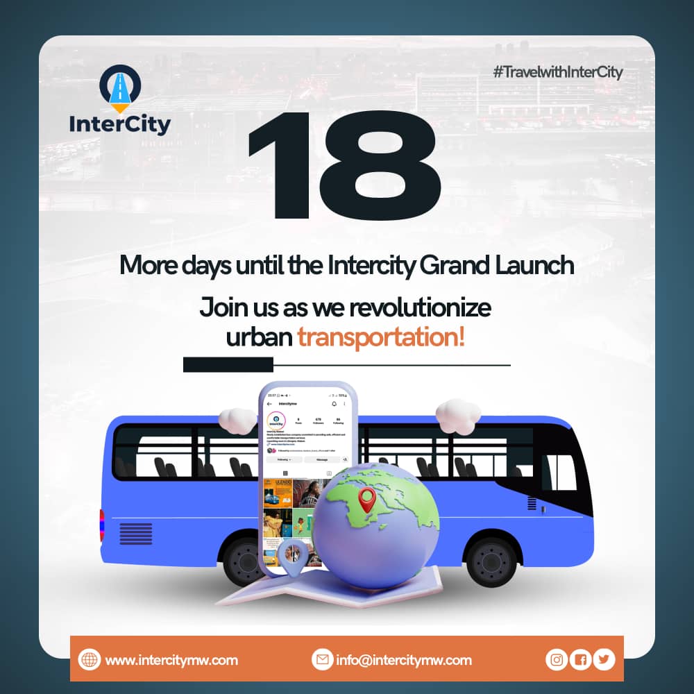 AlipoAndrewsII's tweet photo. 18 days until the InterCity Grand Launch 🎉🎉
Lilongwe, Malaw.
#RideWithUs #BusTravel #OnTheRoad #ExploreByBus #TravelEasy #BusAdventures #RoadTrippin #BusLife #DiscoverByBus #GoGreen #ComfortTravel #BusJourney #DestinationBound
#BusExperience #Cityline https://t.co/Rcn45V7zXP