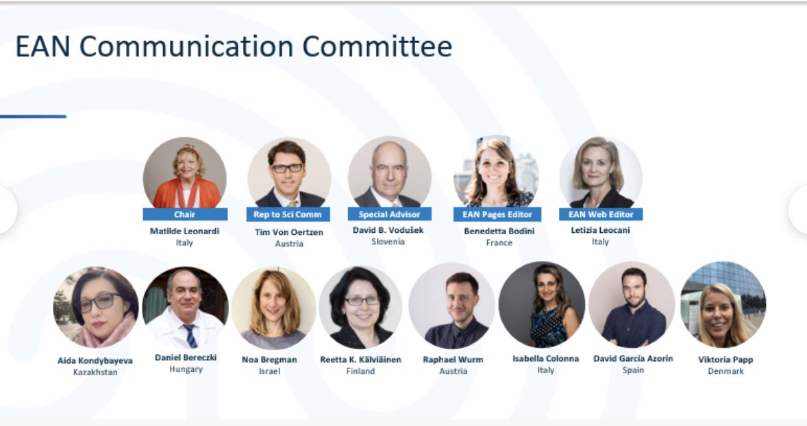 LeonardiMatilde's tweet photo. If you do not communicate you do not exists.EAN #CommunicationCommittee is a dream team of EU #neurologists leading advocacy&communication of @EANeurology.All committed, enthusiastic to create links between science,research, education,clinics, policy,patients NGOs. #communicaton https://t.co/52f3XWsrQB