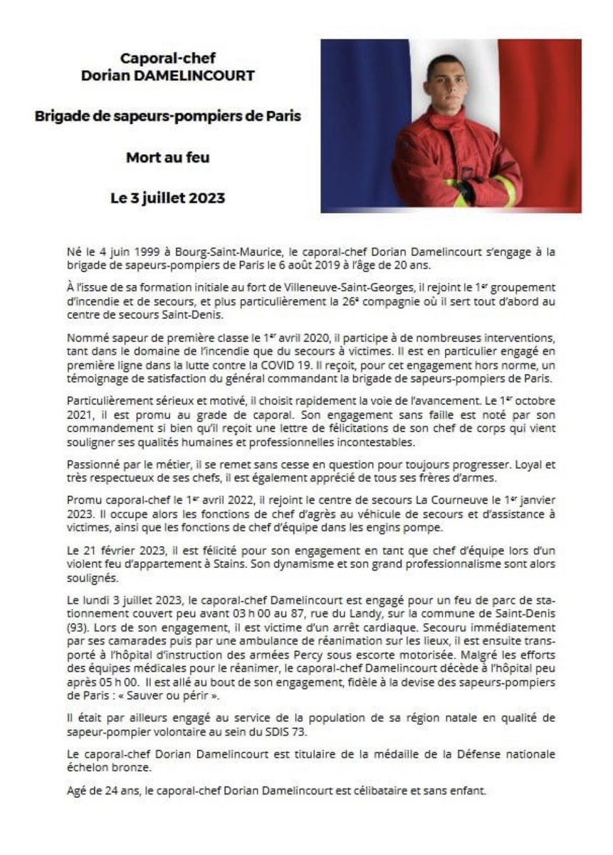 #Condoléances | Solidarité et pensées pour la famille du jeune Caporal-Chef de 24 ans décédé lors d’une intervention pour un feu en sous-sol.

Les Sapeurs Pompiers De Marvejols partagent la douleur des collègues militaires de la Brigade des sapeurs-pompiers de Paris.