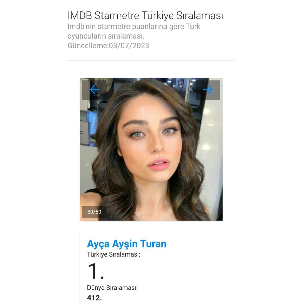 #AyçaAyşinTuran bu hafta #IMDb Starmetre'de Türk oyuncular içerisinde birinci sırada yer almış, tebrikler. ❤️👏