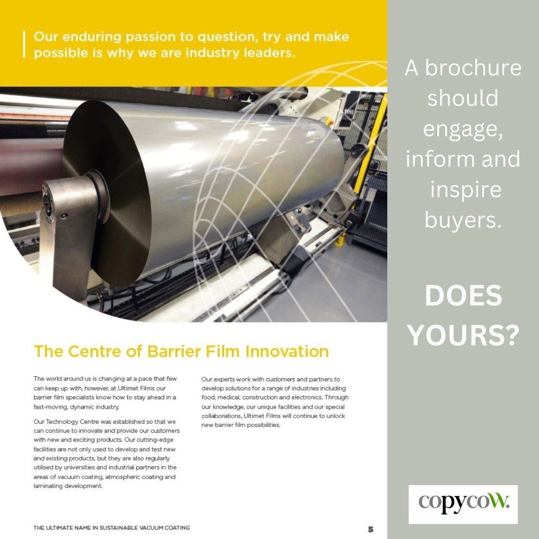 CopycowUK's tweet photo. Well-written and well-designed brochures, in digital or print format, are powerful sales tools.

Compelling messaging and useful data will ensure that a brochure is retained, referred to, and acted upon.

#manufacturing #engineerinng #construction #brochure #copywriting https://t.co/7TtXnF3aDu