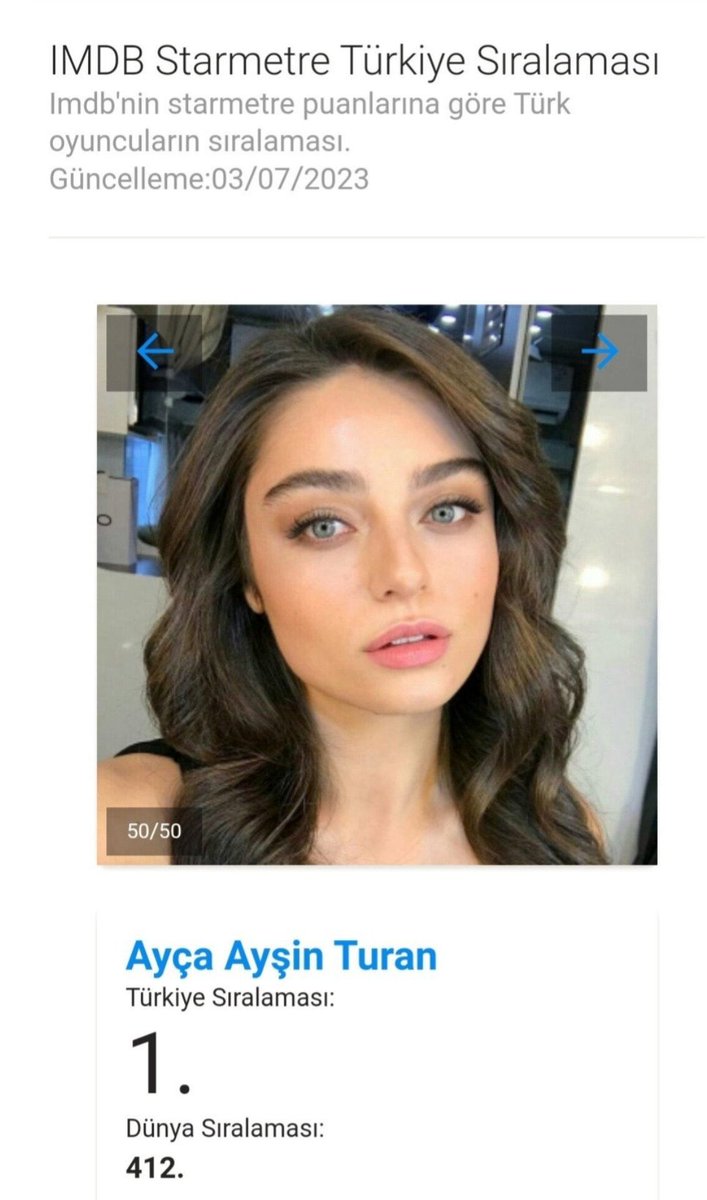 #AyçaAyşinTuran bu hafta #IMDb Starmetre'de Türk oyuncular içerisinde birinci sırada yer aldı.