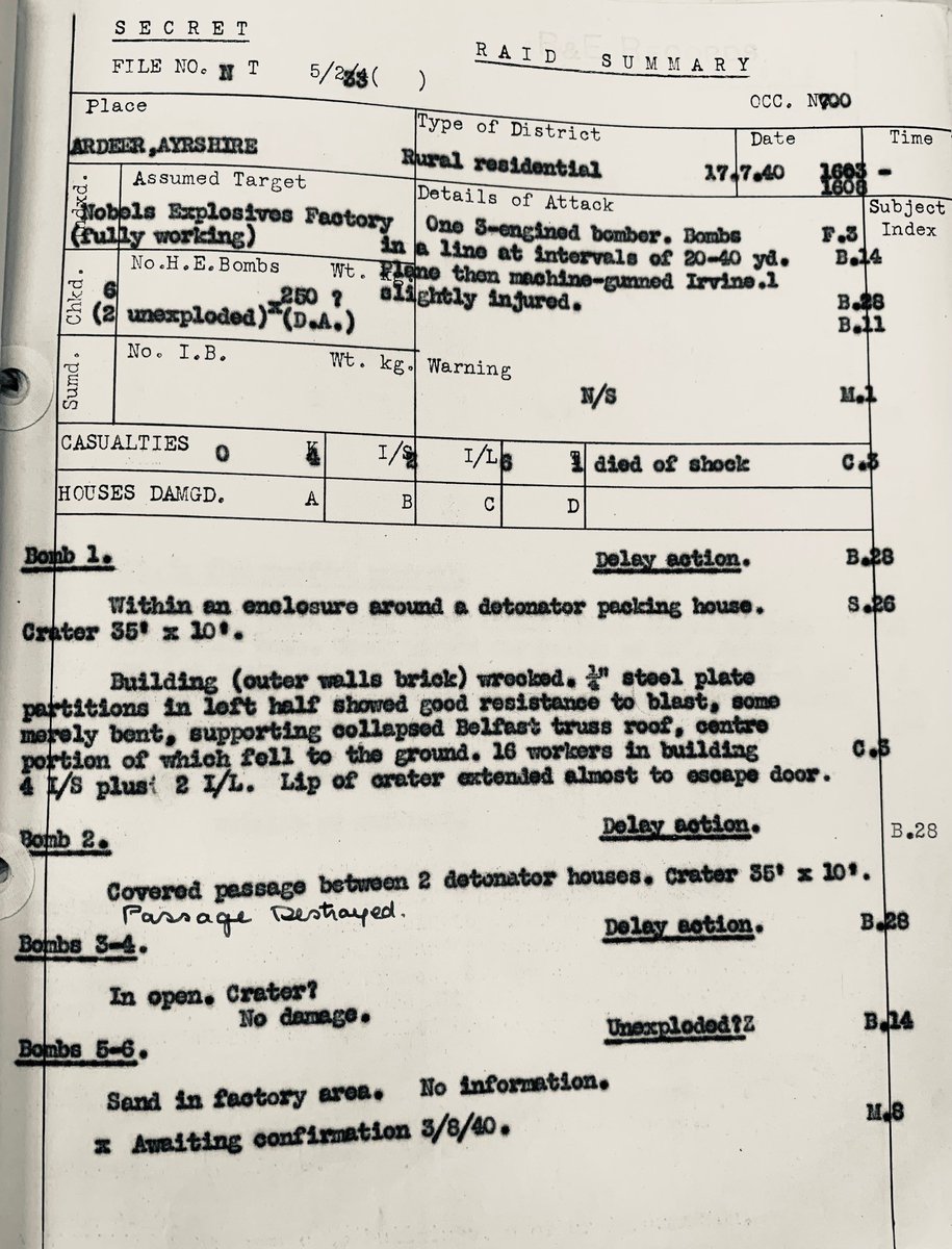 TargetClydeside's tweet photo. On July 17th, 1940 a Luftwaffe bomber dropped 6 250kg bombs on Nobels Explosive Factory in Ardeer, Ayrshire. 2 failed to explode. 1 person died of shock and 5 more were injured. https://t.co/T3WyaGw2GI