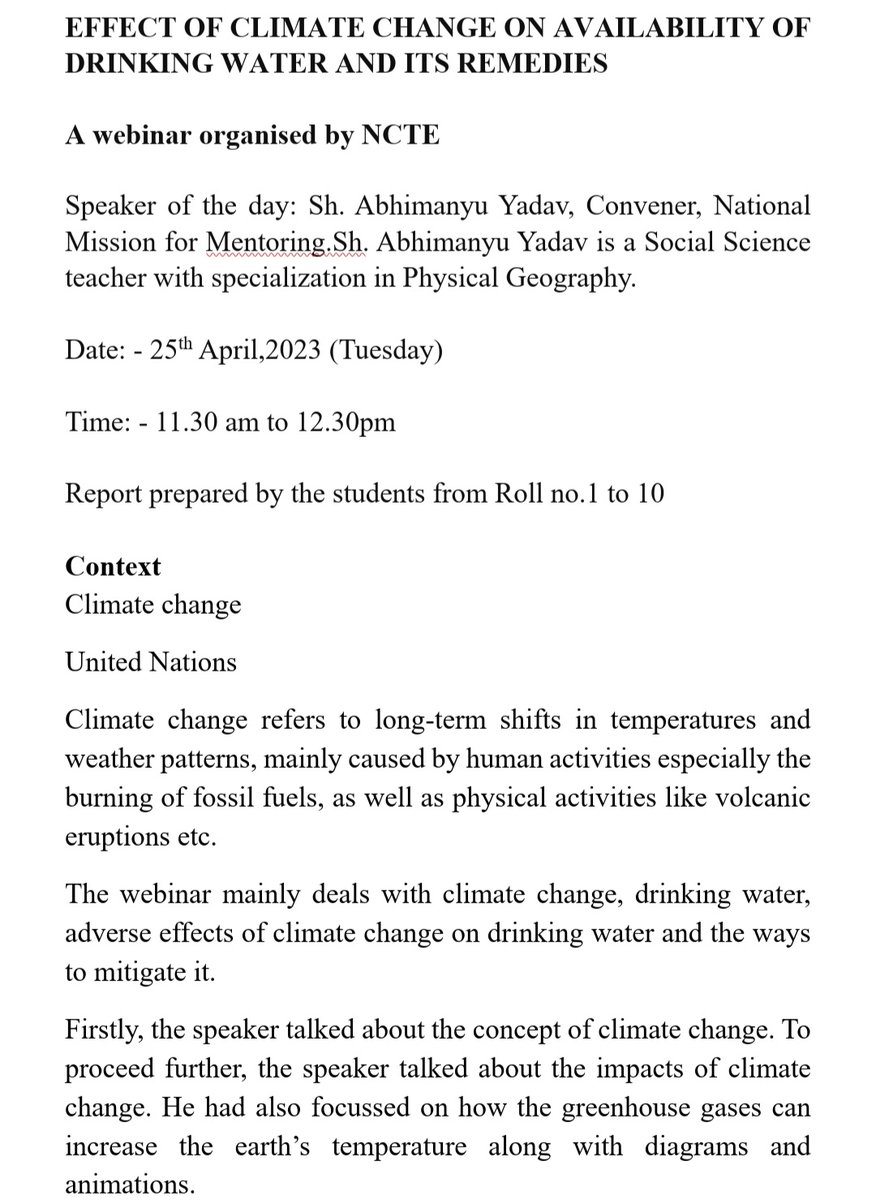 InstituteW90352's tweet photo. AKAM: January - August 2023 / for Teacher Education Institutions (TEIs).  Observation of Webinar on "Effect of Climate Change on availability of drinking water and its remedies" by NCTE. @ncteDelhi https://t.co/x2caS47TQE