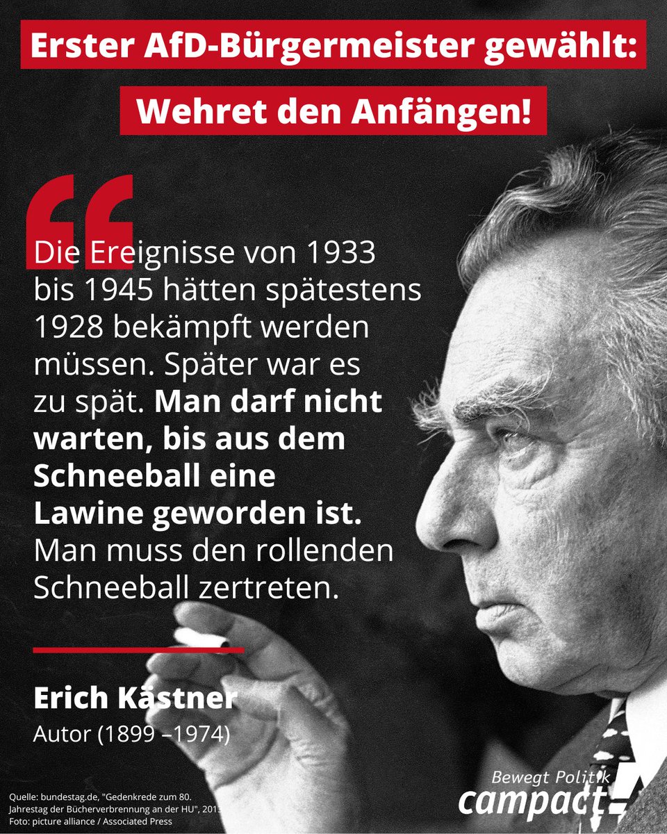 Was Erich Kästner sagt. 💯✊

Retweete seine Worte, um daran zu erinnern: Alle Demokrat*innen müssen sich dem Faschismus entgegenstellen, bevor er an die Macht kommt – immer und überall!

#RaguhnJessnitz #Loth #Sonneberg #noAfD