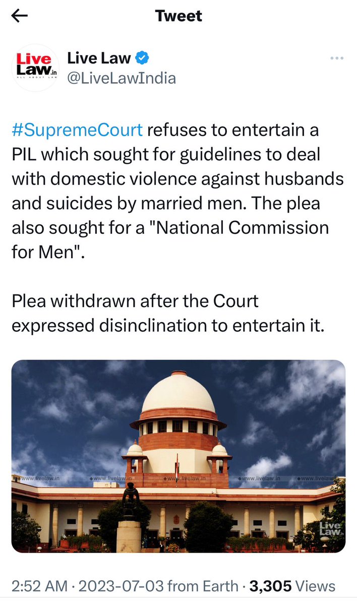 The Supreme Court on Monday refused to entertain a Public Interest Litigation (PIL) seeking the creation of a National Commission for Men to look into suicides among married men [Mahesh Tiwari v. Union of India].

A Bench of Justices Surya Kant and Dipankar Datta opined that the
