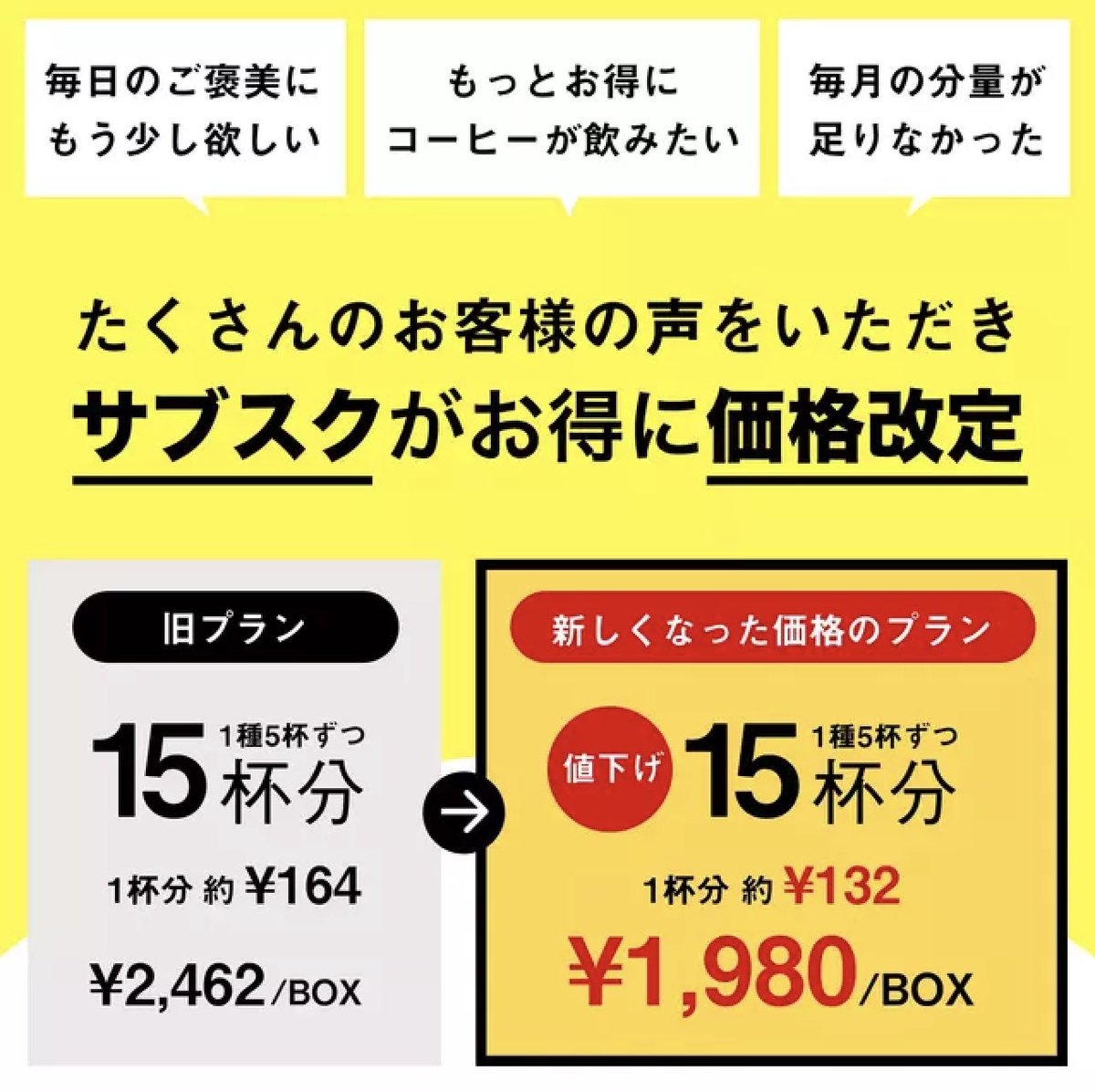 Subsc_List's tweet photo. 【サブスクPickup】
コーヒーのサブスクでお馴染みのPostCoffeeがお求めやすい価格になりました🎊

15杯2,462円のプランが新価格では1,980円に🥳
これまでの価格より500円ほどお得になってます

気になっていた方は今すぐチェック👇
https://t.co/Q9M0l9I3zO

#サブスク
#コーヒー
#coffee
#postcoffee https://t.co/SpsylWKqp1