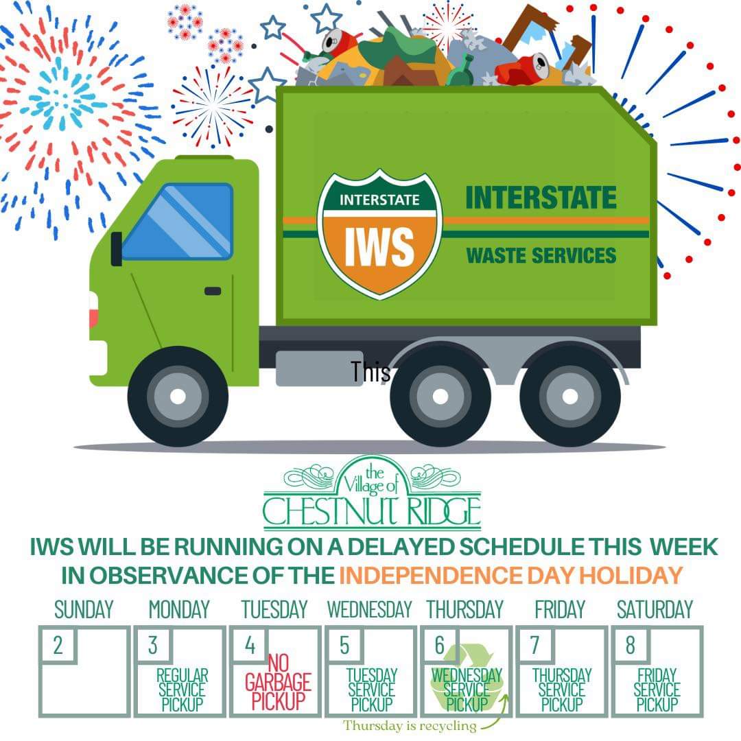 Week of July 4th service schedule

 MON – Regular Monday Routes

TUE – NO SERVICE

WED – Tuesday Routes

THUR – Wednesday Routes

FRI – Thursday Routes

SAT- Friday Routes

 Have a Safe and Happy 4th!