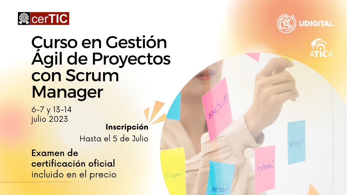 AticaUM's tweet photo. Curso en Gestión Ágil de Proyectos #ScrumManager
🗓️6-7 y 13-14 de julio 2023
📣¡ÚLTIMOS DÍAS PARA INSCRIBIRTE!
https://t.co/AIVIQiaEEs 📲Más info: https://t.co/ZAlo0TlXyM
✅Certificación Oficial #ScrumMáster INCLUÍDA EN EL PRECIO
#Certic #Curso #Gestiónágildeproyectos #Scrum https://t.co/hMfN59e7JE