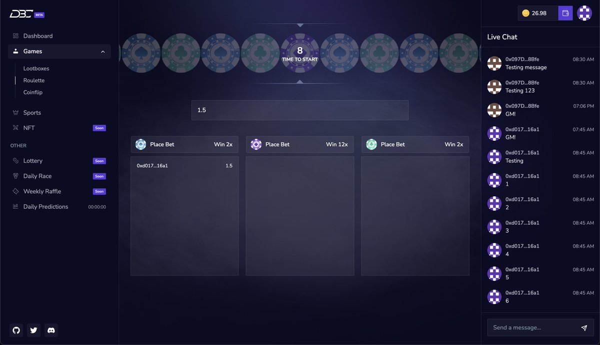 GM everyone! We are working hard on adding some great new features to DeFiBetClub - Cross-chain deposits &amp; withdrawals, live chat, more games added such as Coinflip, Roulette, Sports prediction pools and many more. Stay tuned 👀

#crosschain #multichain #casino #sportsbetting