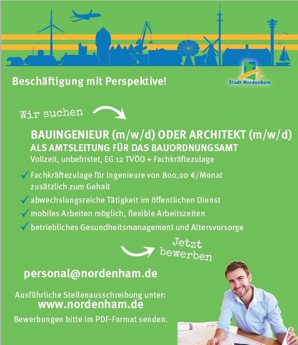 Die Stadt Nordenham möchte das Bauordnungsamt aus demographischen  Gründen neu aufbauen und sucht hierfür engagierte Mitarbeiter (m/w/d)  für eine abwechslungs-reiche Tätigkeit ...
shorturl.at/iLS23