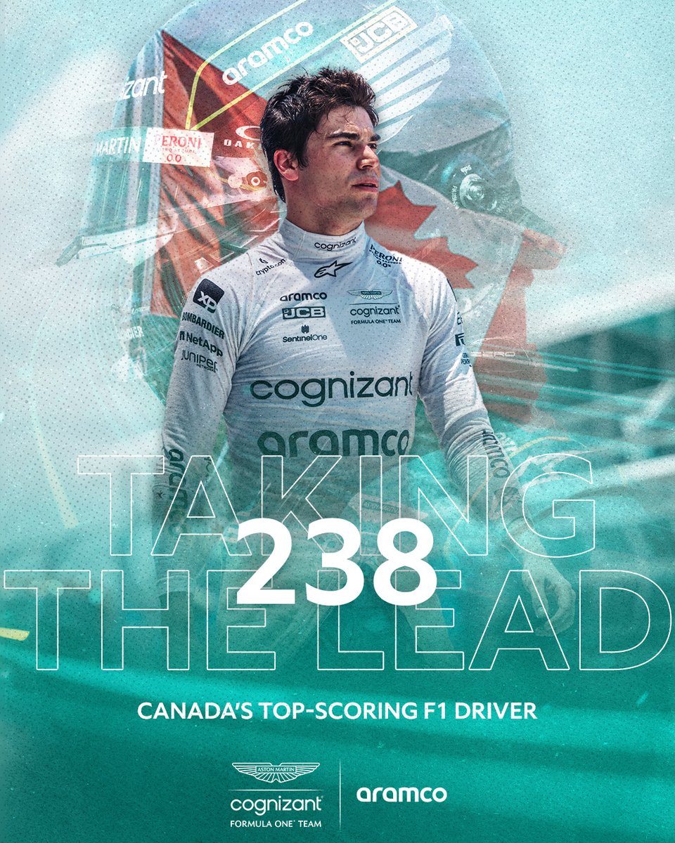 AstonMartinF1's tweet photo. Taking the lead. 🇨🇦

After the Austrian GP, @lance_stroll becomes Canada's highest scoring F1 driver of all time, with 238 career points.

Congratulations, Lance! https://t.co/kWBthQck8z