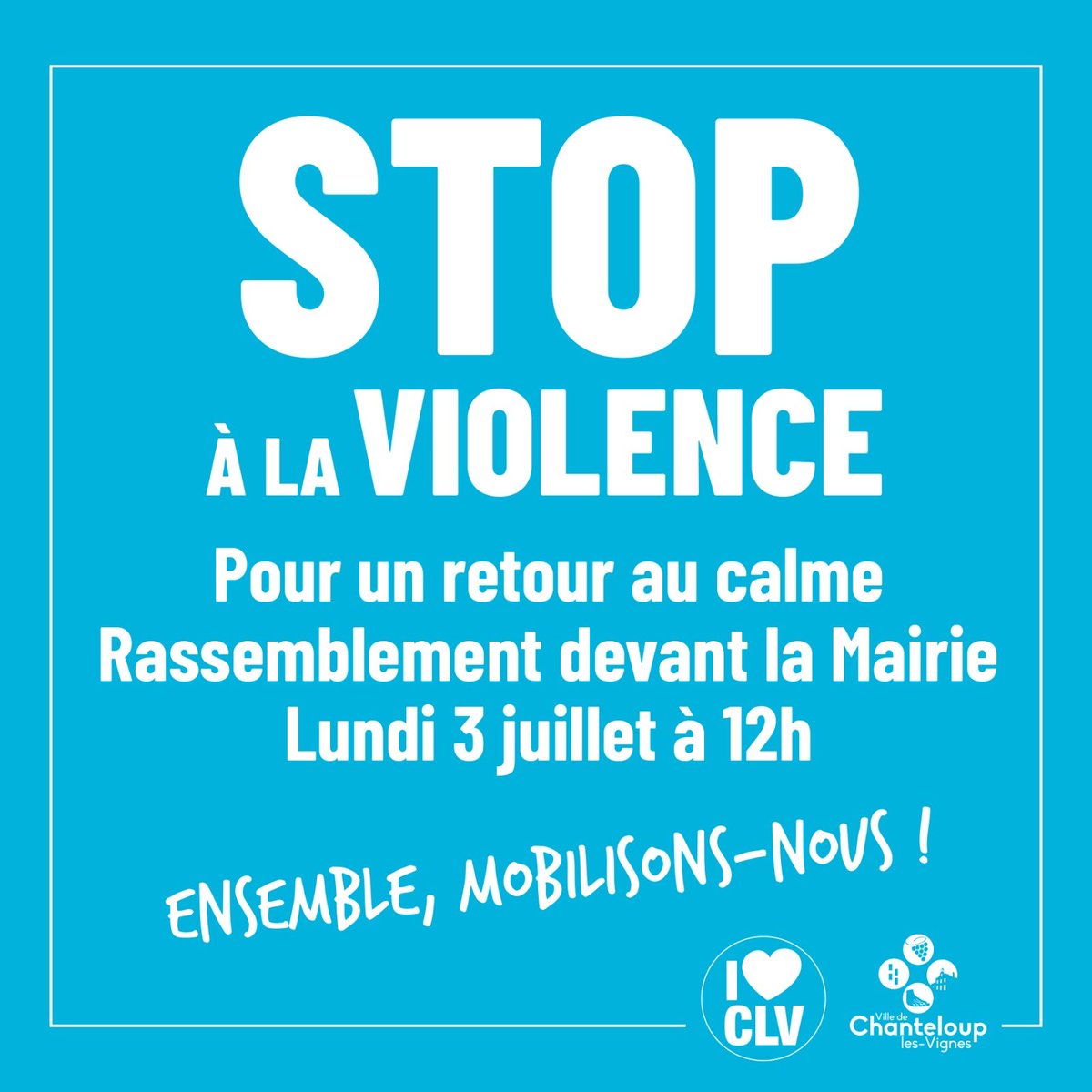 Rendez-vous à 12h devant la mairie pour dire stop aux violences et ramener la paix civile à Chanteloup. Protégeons nos enfants, notre espace public et nos services à la population.

Ensemble, mobilisons-nous !