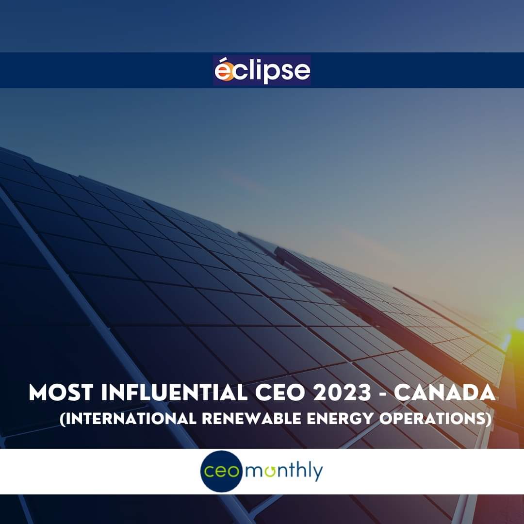 er_eclipse's tweet photo. We are proud to announce an award presented to Ismael Touani by English @CEOMonthly Magazine 

✨ Most Influential CEO 2023 - Canada (International Renewable Energy Operations) ✨ 

Eclipse Renewable Energy's mission is to facilitate access to reliable, green electricity in https://t.co/MWObnRtWAT