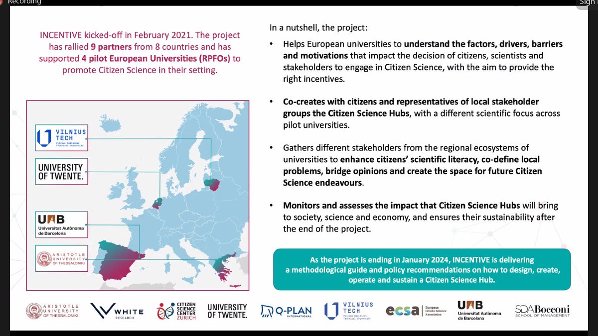 MICSproject's tweet image. Great to hear from June&apos;s #MICSProjectOfTheMonth, @incentive_eu at @EUCitSciProject&apos;s first cluster event on Integrating #citizenscience within #HigherEducation in Europe

#ecs_cluster