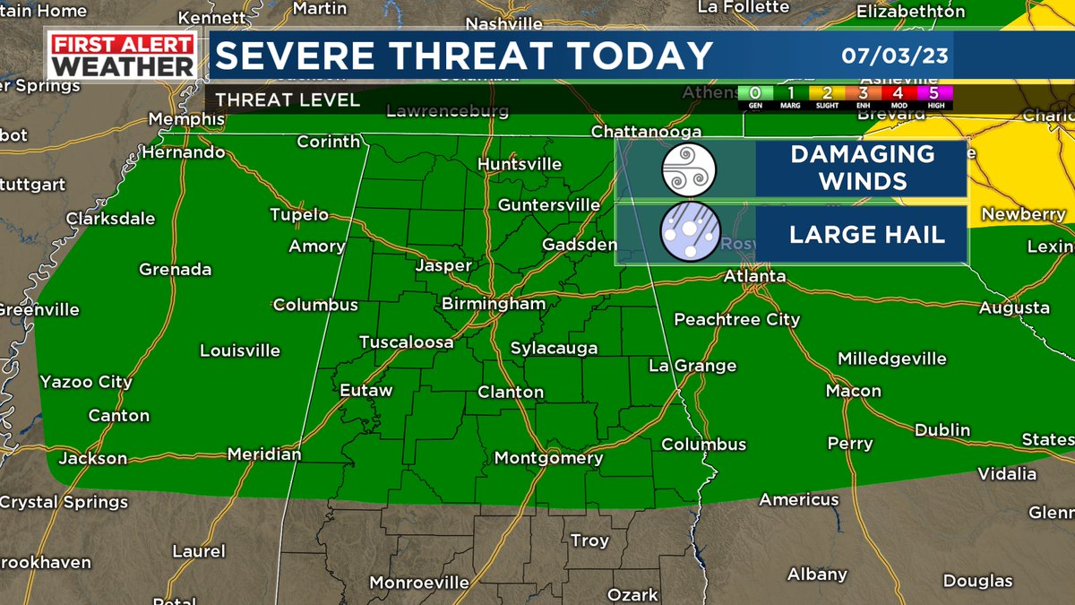 We have a Marginal Threat of seeing severe storms today.  Damaging winds and large hail are the primary threats with storms that may develop
<a href="/WBRCnews/">WBRC 6 News</a> <a href="/WBRCweather/">WBRC First Alert Weather</a> #alwx