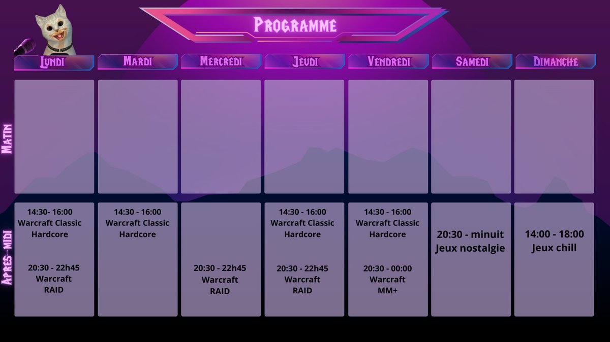Kimo_LCE's tweet photo. Salut les pti chats ! On se retrouve cet aprem pour du wow hardcore en solo ou en duo selon la dispo de mon mate !
Je vous laisse le programme de la semaine, on se fera surement du Naheulbeuk Samedi soir en dévouverte !
https://t.co/a3icEoBGbA 
#streamer #warcraft #naheulbeuk https://t.co/oU1eb8tm5u