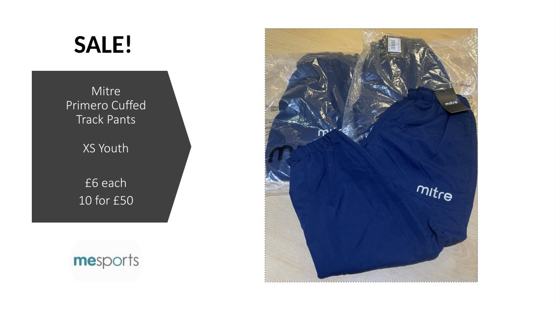 🎉 SALE! 🎉

Mitre Primero Cuffed Track Pants in XS Youth, £6 each or 10 for £50!

Message us now! First come, first serve