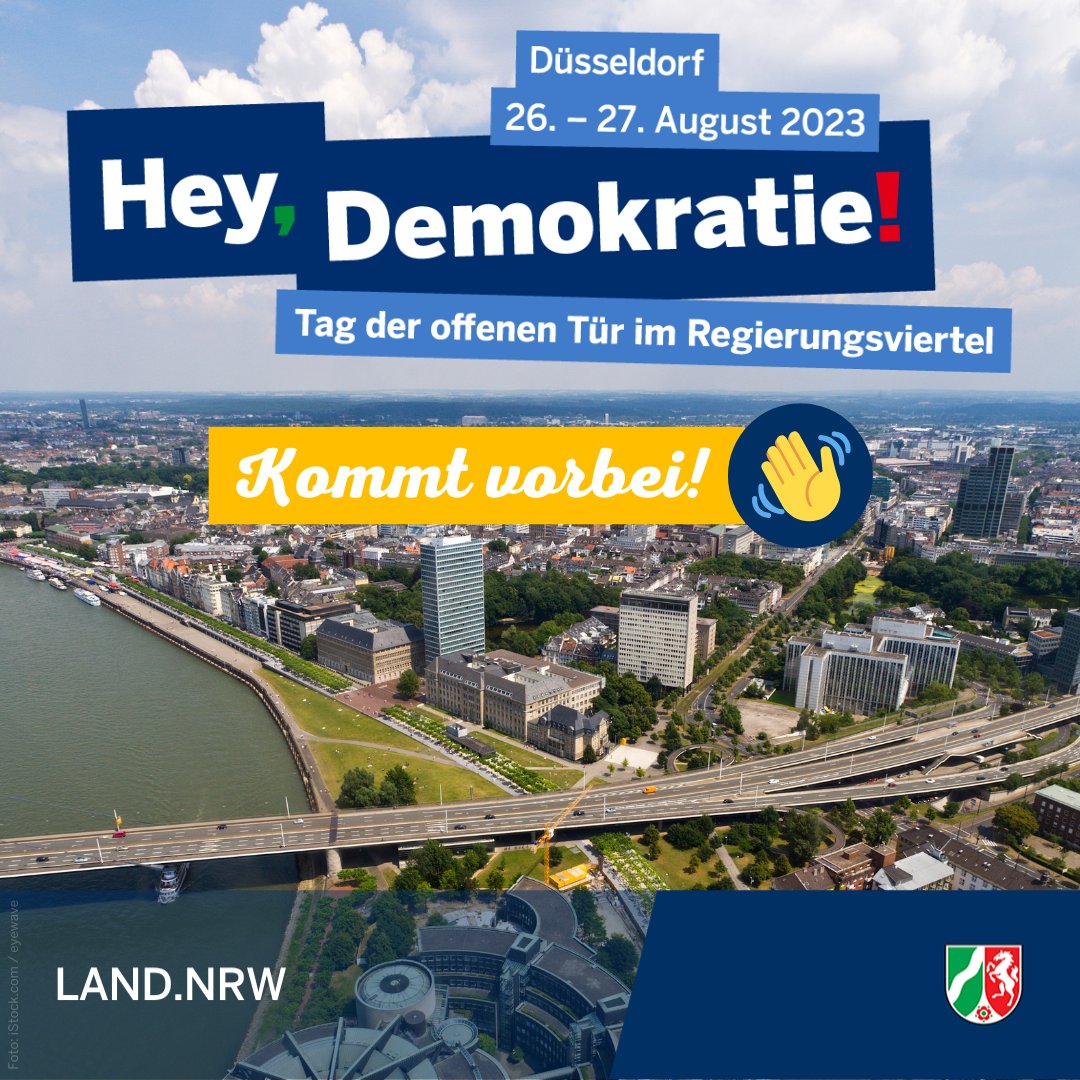#SaveTheDate: Am 26. &amp; 27. August 2023 findet der Tag der Offenen Tür im Düsseldorfer Regierungsviertel statt. Unter dem Motto „Hey, Demokratie!“ öffnen die #Landesregierung #NRW, der <a href="/Landtag_NRW/">Landtag NRW</a> &amp; das <a href="/hdg_nrw/">Haus der Geschichte Nordrhein-Westfalen</a> die Türen für Bürgerinnen und Bürger. land.nrw/tag-der-offene…