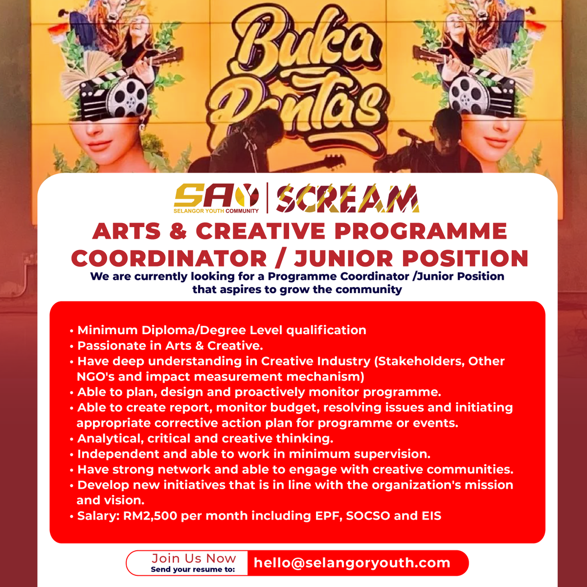 SelangorCREAM's tweet photo. Selangor Youth Community is seeking a talented and passionate Creative Art Program Coordinator to join our dynamic team. If you have a love for the arts and a knack for coordination, this is the perfect opportunity to unleash your creativity and make a meaningful impact. #vacancy https://t.co/hR5pQ1UkZn