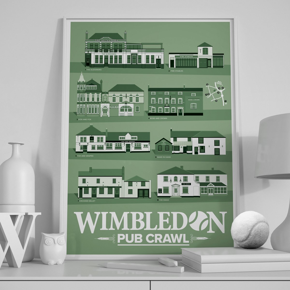 Our Wimbledon themed pub crawl poster features the wonderful pubs in Wimbledon Village and a handy map showing the pubs and the site of the Wimbledon tournament. Available exclusively from lazystuff.com/product-catego…