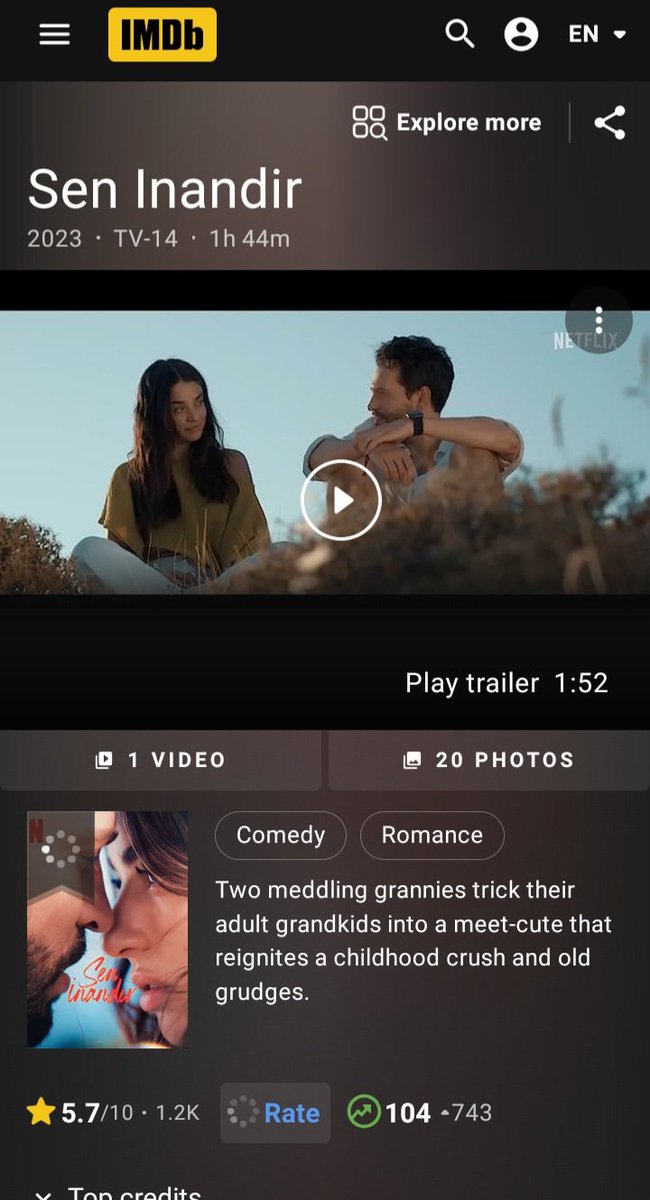 💥💥💥Filmin #SenInandir IMDb sitesindeki reytingi 104 sıraya yükseldi ve şu anda dünyada tüm filmler arasında 743. sırada yer alıyor.
✌️💖🏆
#AycaAysinTuran 💞 #EkinKoç