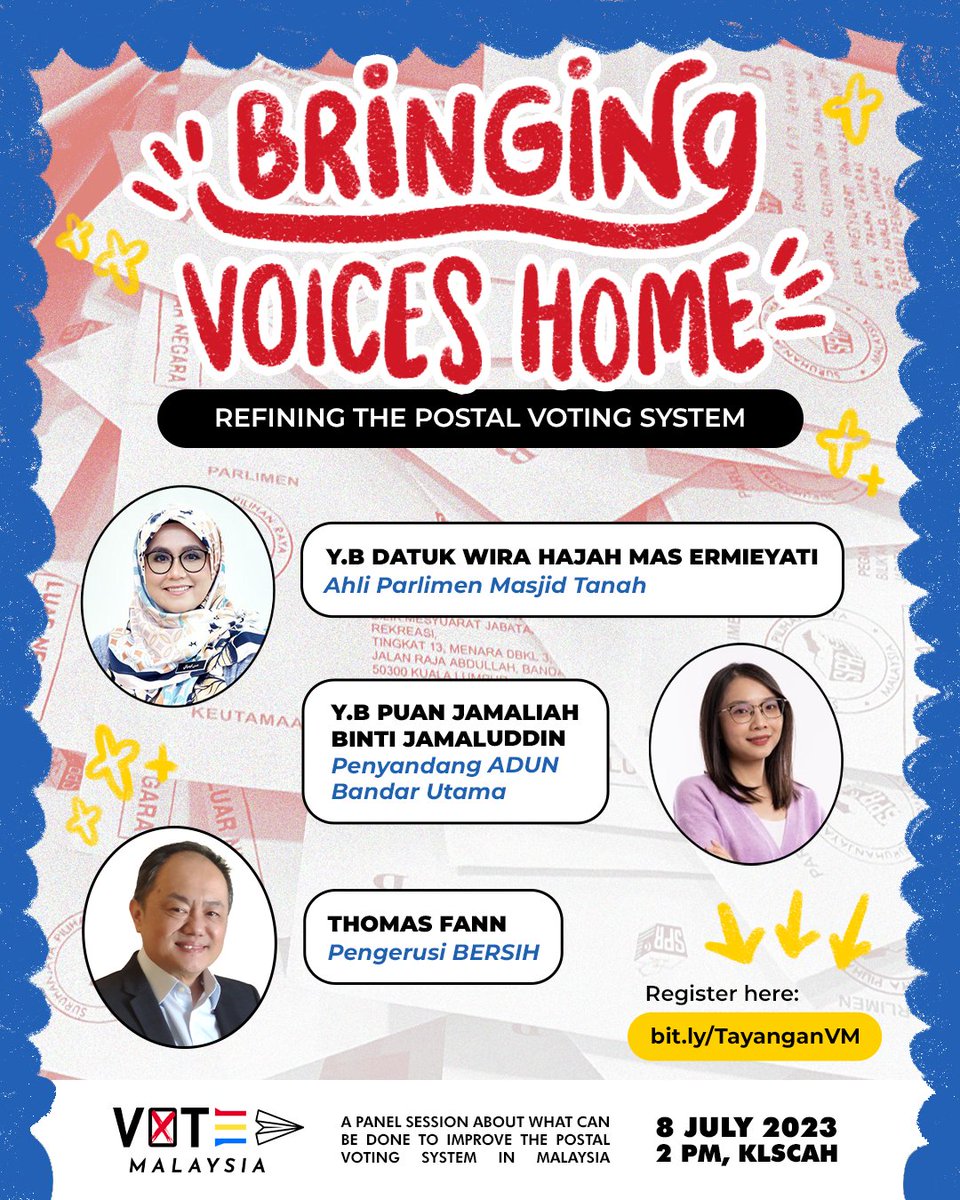 UNDI18MY's tweet photo. 🎉 YOU'RE INVITED 🎉 to our Panel Session &amp; Documentary Screening!

These esteemed speakers will be discussing the importance of reforming Malaysia's postal voting system, so you definitely don't want to miss out!

RSVP today to confirm your attendance!
➡️ https://t.co/xsvHjIzrFb https://t.co/tXCl6zGvx0