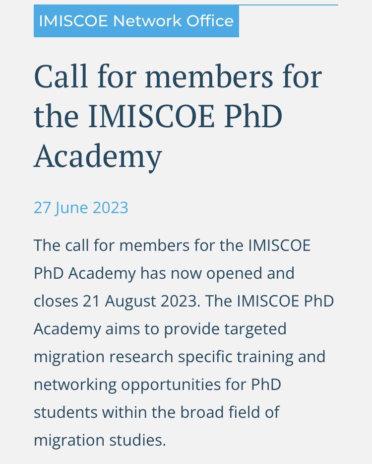 Doing a PhD on topics linked to #migration #diversity #displacement? Consider joining the <a href="/IMISCOE/">IMISCOE</a> #PhDAcademy. Call for NEW members out. 2 year membership period. Deadline 21 August 2023. Check out the info &amp; pass on. <a href="/IMISCOE_PhD/">IMISCOE PhD Network</a> <a href="/lauramdu/">Laura Morales</a> <a href="/MK_Krawczyk/">Mateusz M. Krawczyk</a> 
imiscoe.org/news-and-blog/…