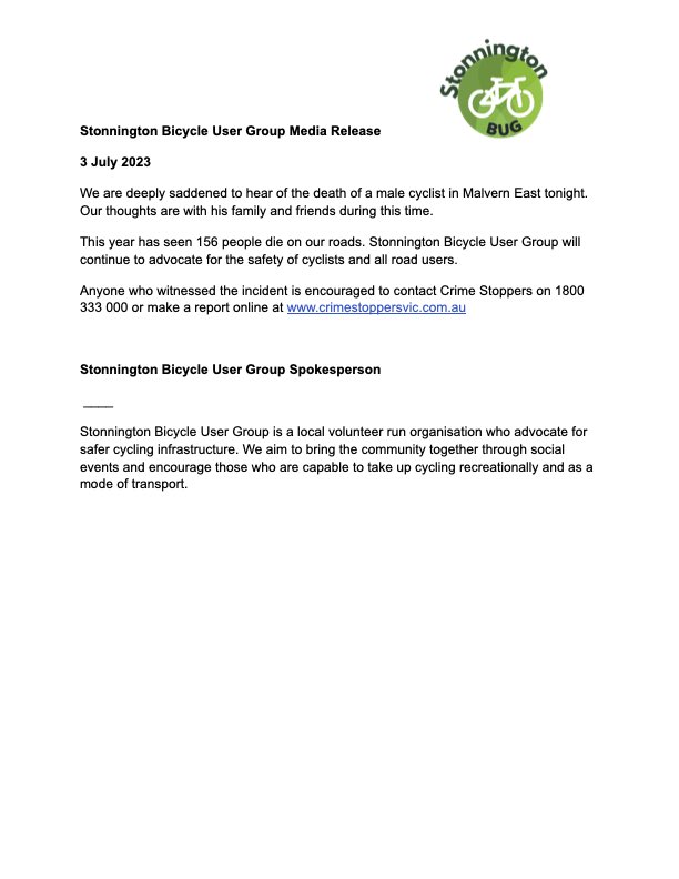 Stonnington Bicycle User Group Media Release
