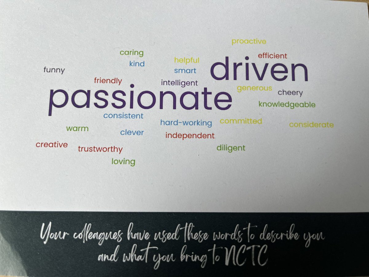 lrdocherty's tweet photo. How my wonderful colleagues recently described me. It’s been a great year leading the service through systems change during my secondment! #projectmanagement  #feedback #teamwellbeing #trafficking #safeguarding #projectlead https://t.co/5X0Ge1KGN6