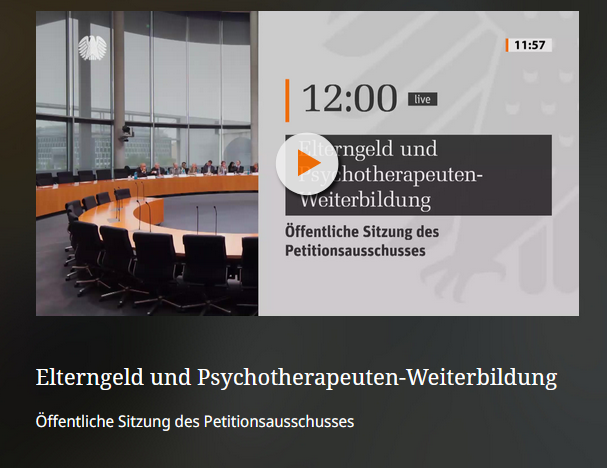 Gleich geht es los: Öffentliche Sitzung des Petitionsausschusses, zuerst zum Thema Elterngeld, dann geht es um die Petition zur Finanzierung der Psychotherapeuten-Weiterbildung. Live-Übertragung: bundestag.de/parlamentsfern…
#PsychotherapieIstUnersetzlich