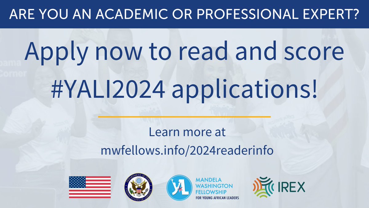 WashFellowship's tweet photo. Calling all readers! We’re looking for academic, professional, and regional experts to read and score applications for the #YALI2024 @WashFellowship Learn more: https://t.co/N52JIUkum2 
@ECAatState @IREXintl https://t.co/28cOofqWeb