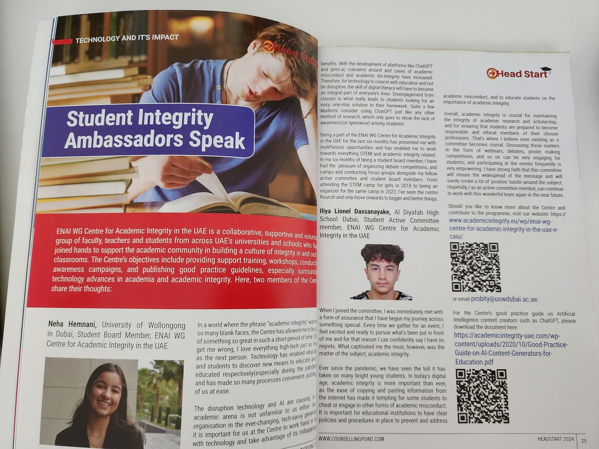 Shout out to students babies from ENAI WG Centre for Academic Integrity in the UAE @NehaHemnani and @IliyaLionel for being featured on #HeadStart2024 magazine talking #academicintegrity! 

Thank you Rema Menon Vellat for the opportunity! 

#igniteintegrity #teachingispassion