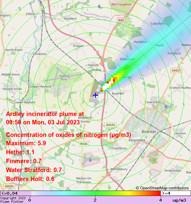 plumeplotter's tweet photo. Latest Ardley incinerator plume plot, 09:50 03/07/23 #Hethe #Finmere #WaterStratford https://t.co/JXOBG8skMB https://t.co/AUpSUu9rHW
